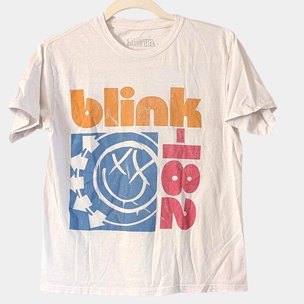 White Graphic Band Tee with Orange, Blue & Pink Print